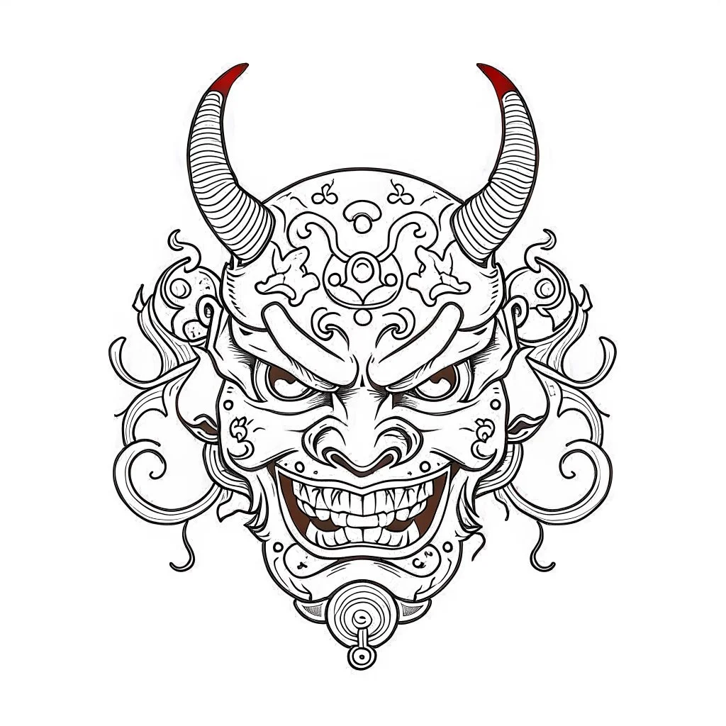 White, minimalis line art , oni mask japanes funny , vector, white background, outline, with images neatly contained within the background, just black and white color, tatto style.