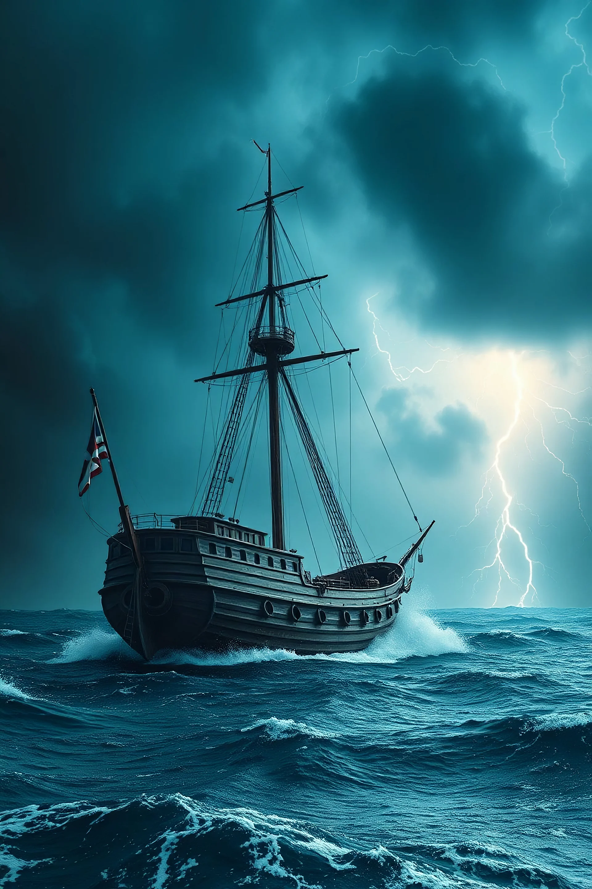 Huge old wooden ship at sea with storm and lightning