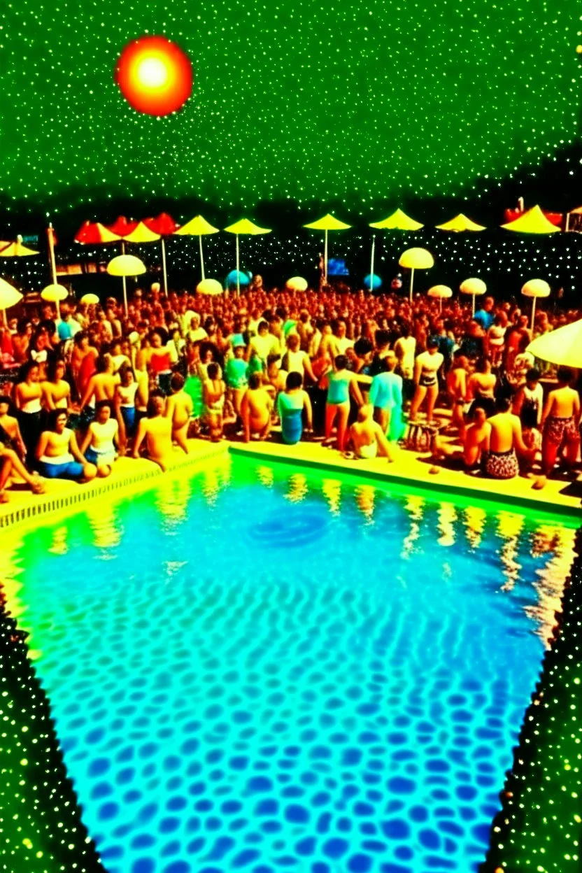 techno rave party in 80's with swimming pool on the moon full