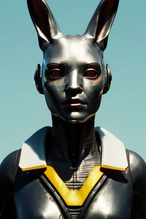 Medium Close Up Portrait, Front image. cyberpunk, rabbit mask, maori woman, white short hair. latex, titanium suit. Yellow, black, red, color. Retro futuristic style. Color background, photo studio. Avatar image, highly detailed, concept art, smooth, unreal engine 5, god rays, ray tracing, RTX, lumen lighting, ultra detail, volumetric lighting, 3d, finely drawn, high definition, high resolution.