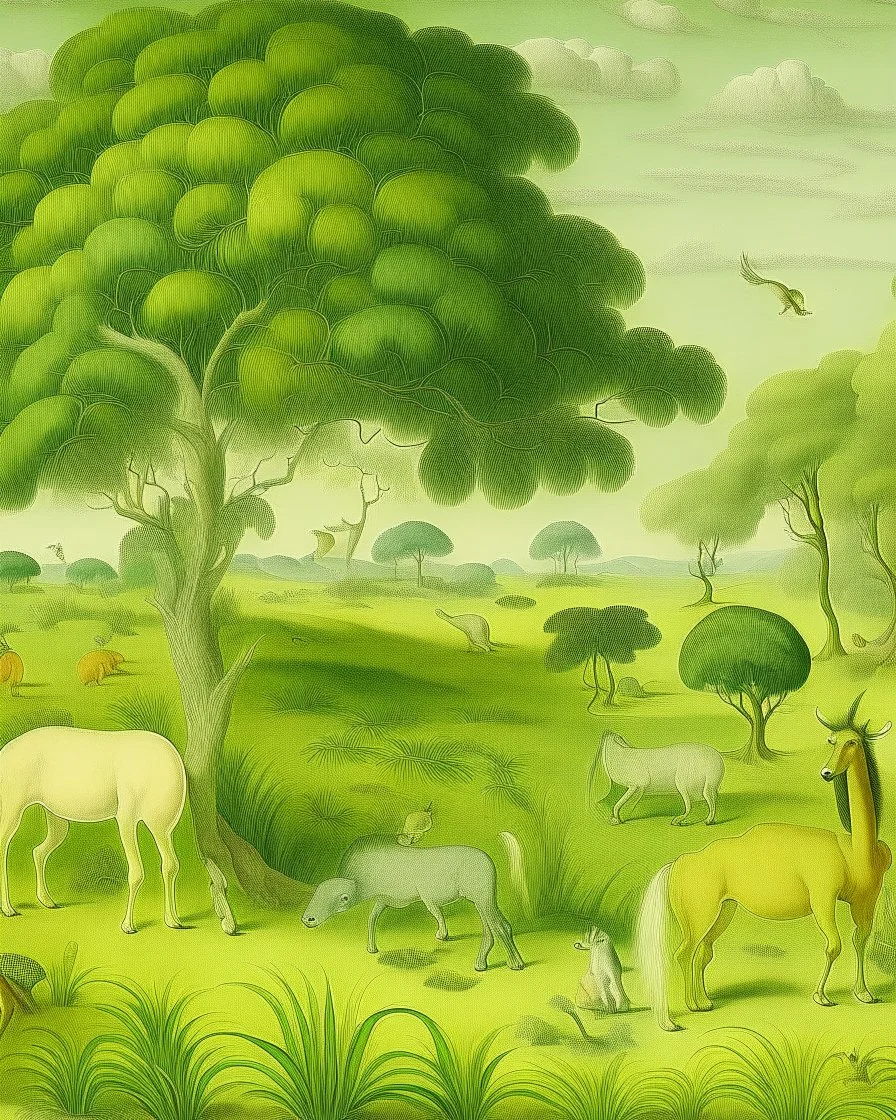 A light green savanna with animals painted by Albrecht Durer