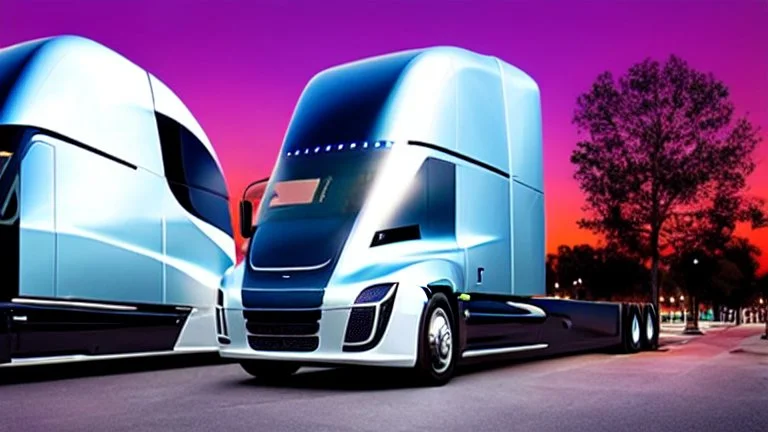 A Tesla semi-truck is racing at top speed, across the 'Universal Studios Orlando', in Florida. CINEMATIC. WIDE ANGLE LENS.