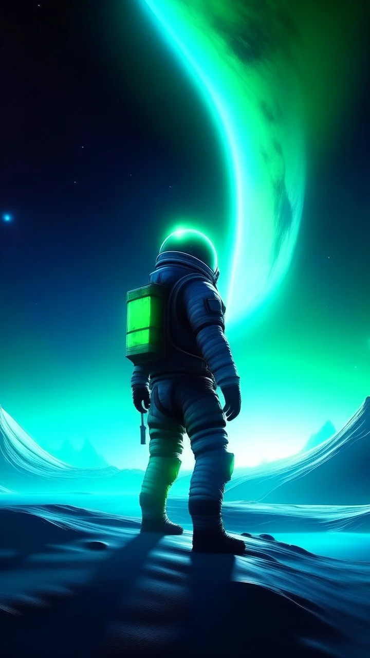 sci fi planet, astronaut in space, northern lights