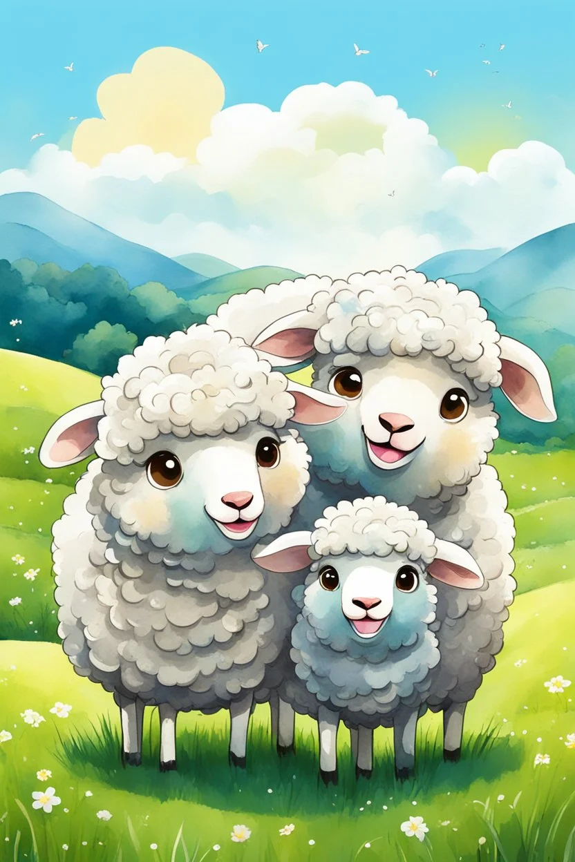 create an image with 4 cute sheep with the typography, happy face "ovelhinhas da fé", 2d, cartoon style, chibbi, kawai, a green field and blue sky in the background, watercolor