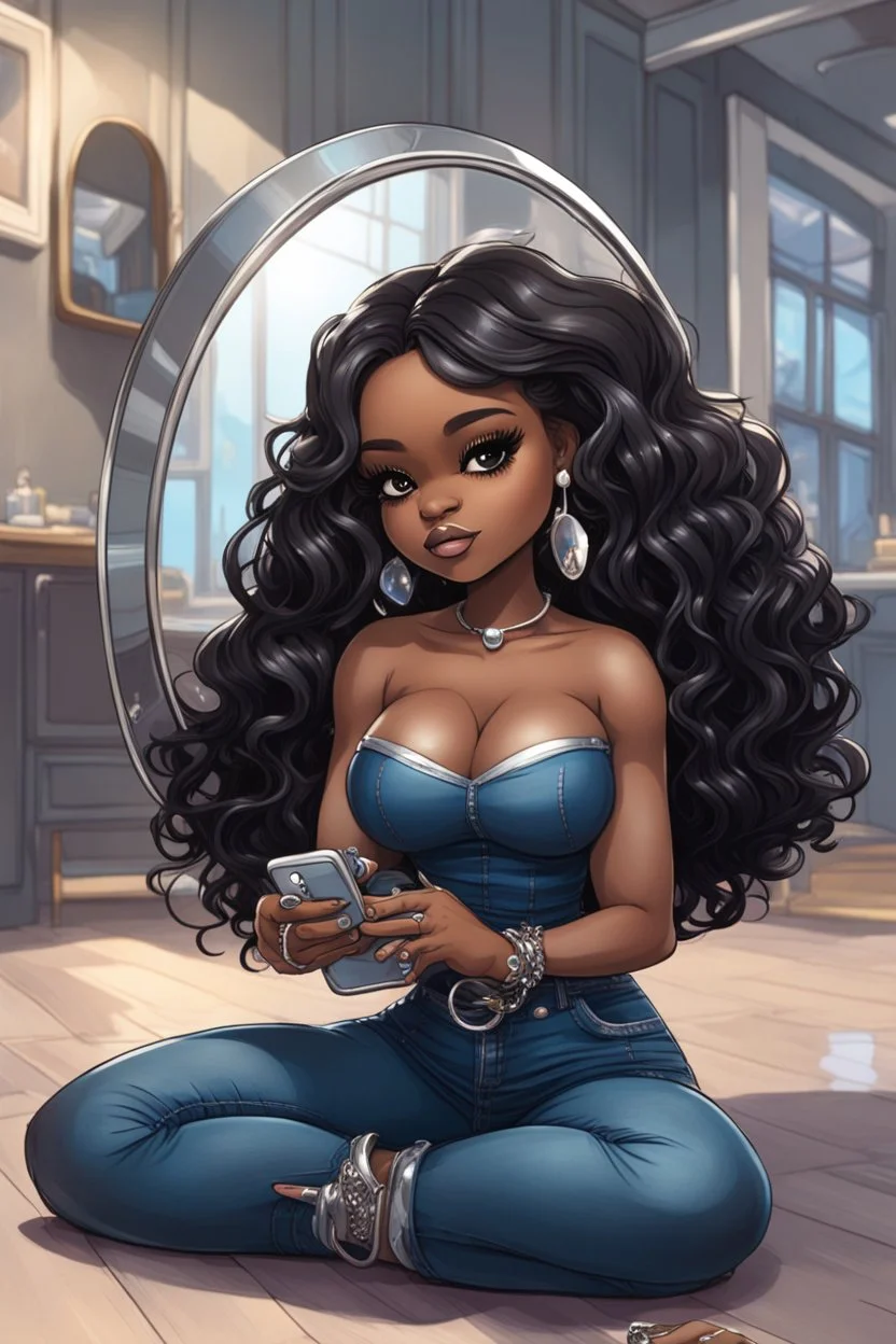 Create a futurism magna art of a black chibi curvy female sitting on the floor looking at herself in a hand mirror. She is wearing tight blue jeans and a black off the shoulder blouse. Prominent make up with lush lashes. Highly detailed long wavy hair. She is also wearing silver large hoop earringsart of a black chibi curvy female sitting on the floor looking at her cell phone. She is wearing tight blue jeans and a black off the shoulder blouse. Prominent make up with lush lashes.