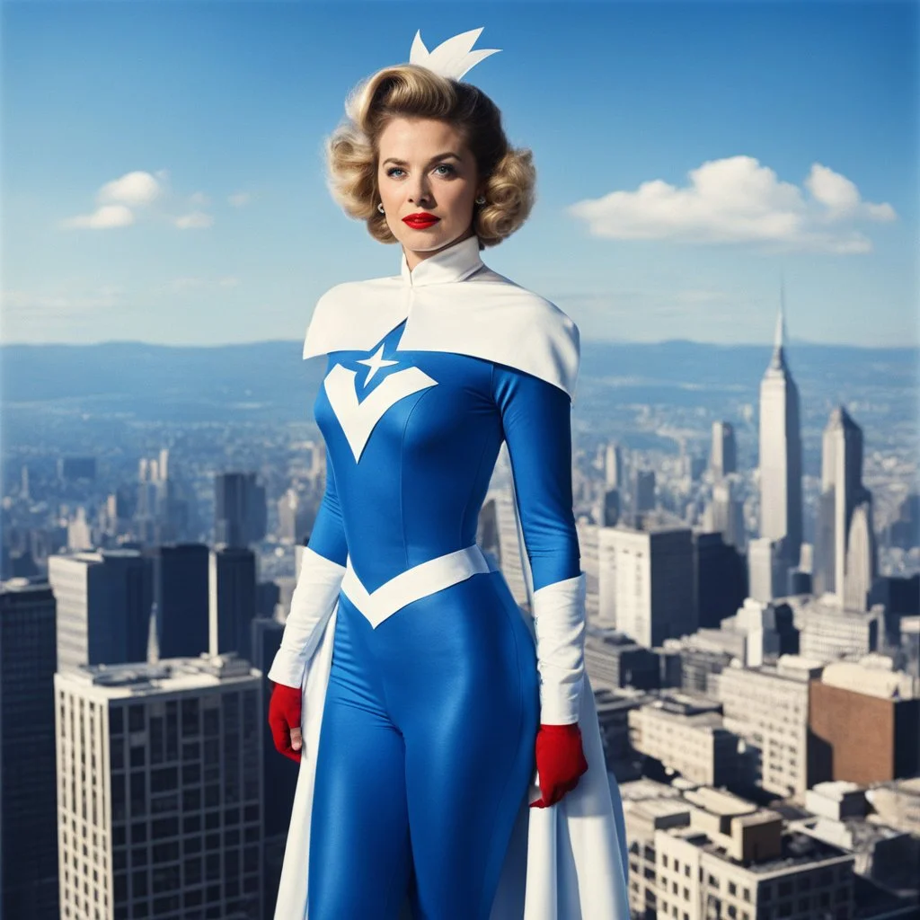 [real life version of a Dr. Seuss] 1950s photorealistic Jeanne-Marie Beaubier as Aurora wearing a blue and white spandex superhero costume with a fleur-de-lys symbol on the chest, on the top of a skyscraper