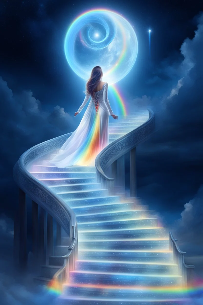 fantastic,Beautiful woman, stairway to heaven whit rainbow, ufos arc en ciel futuriste très beau