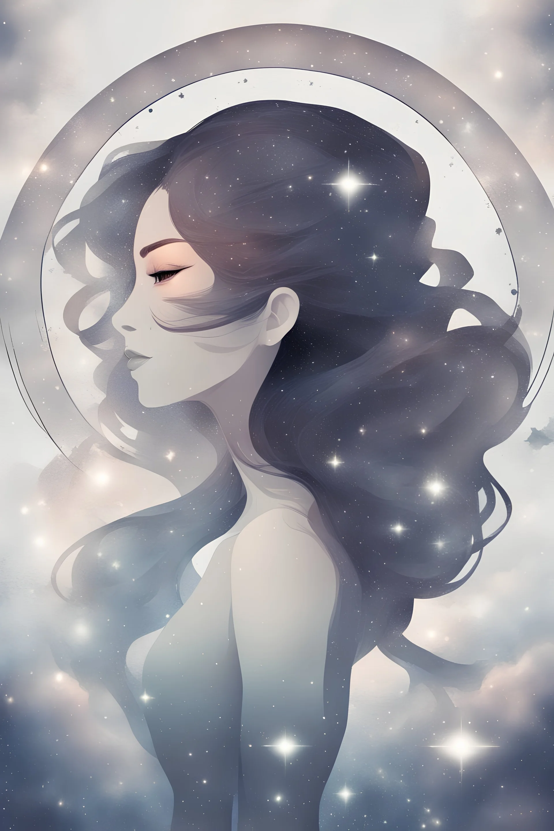 image of zodiac sign Gemini in woman form, with stellar background, digital art style