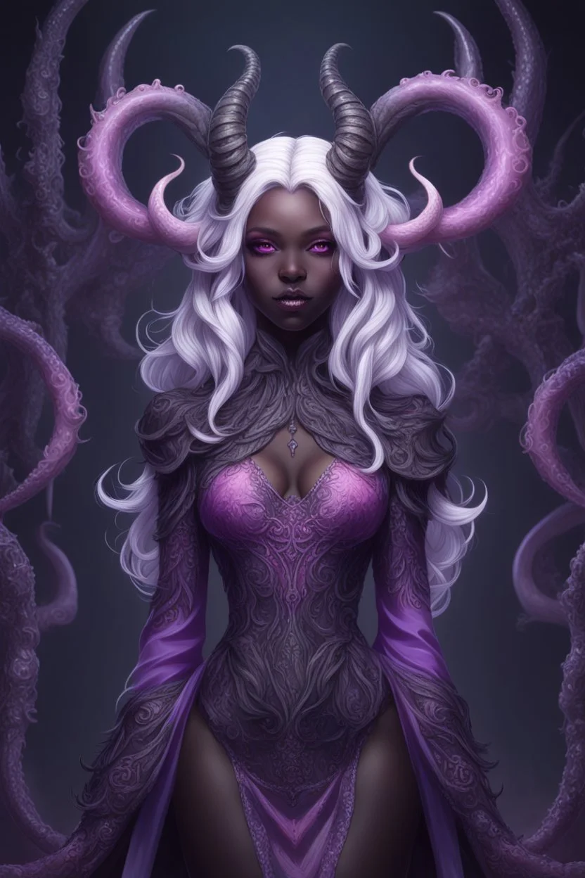 absurdres, ((high-resolution)), ultra detailed, vivid colors, abyssal goddess, dark skin, horns, white hair, ((medium hair:1.2)), (sidelocks:1.3), purple eyes, disheveled hair, long sleeves, fril gothic dress, purple and pink outfit, abyssal, darkness, tentacles, fractal, psychedelic, Whimsical