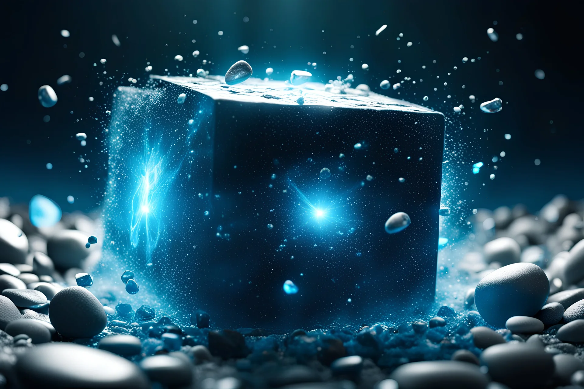 epic 4k professional photograph of immovable cube pebble physically colliding with unstoppable kinetic energy force traveling in multiverse, florescent