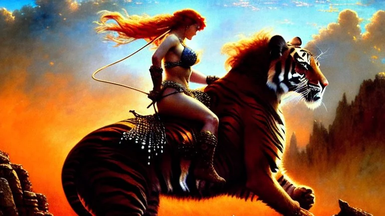 Drawing of beautiful face,'Red Sonja riding a Tiger',intense stare, ancient metal armor, balanciaga fashion clothe painting by gaston bussiere, greg rutkowski, yoji shinkawa, yoshitaka amano, tsutomu nihei, donato giancola, tim hildebrandt Oil on canvas, cinematic composition, extreme detail,fit full head inside picture,16k