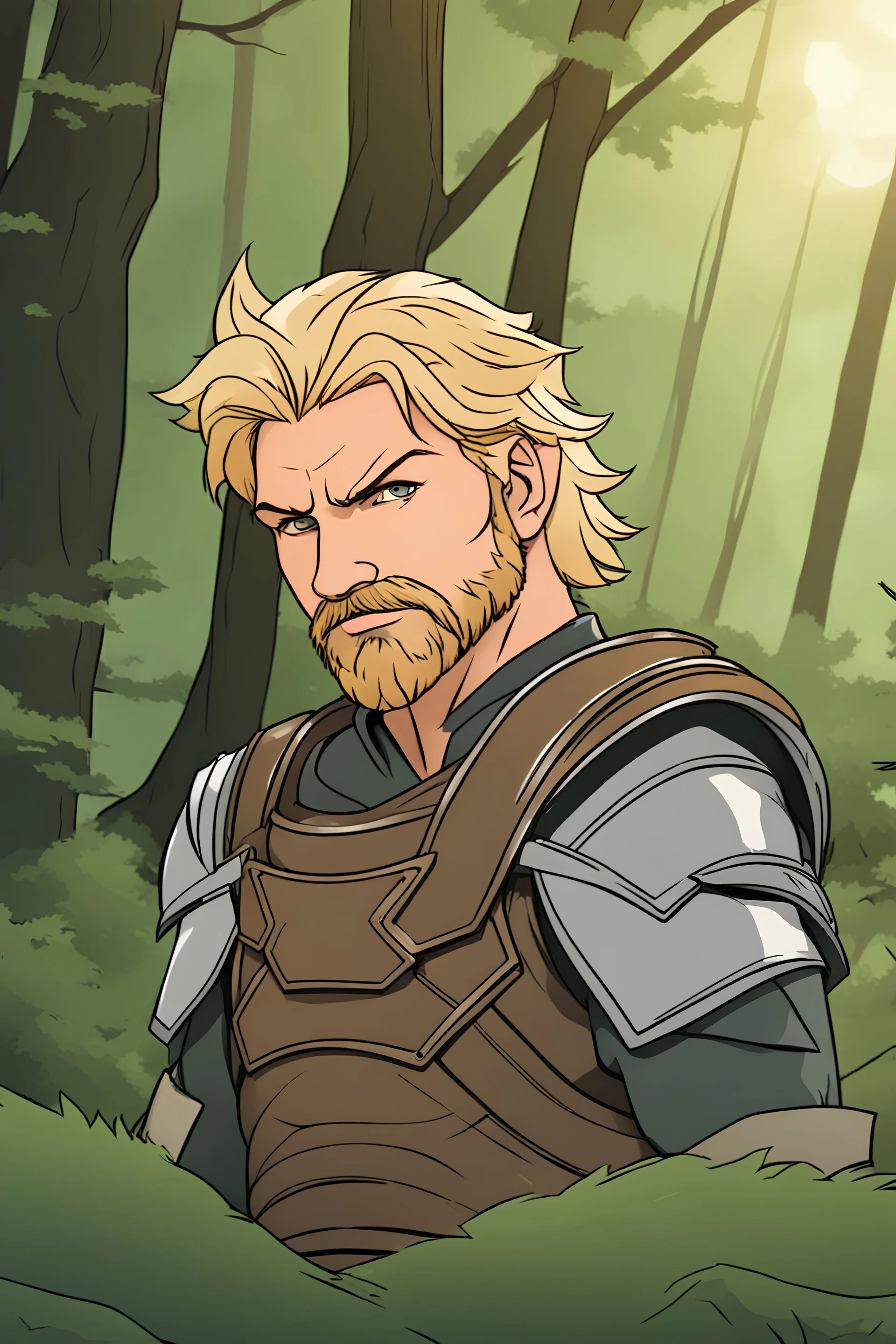 Middle aged man with wild blonde hair, beard and lynx ears on head, Stoic, Dressed in ranger armor in a forest background. RWBY animation style