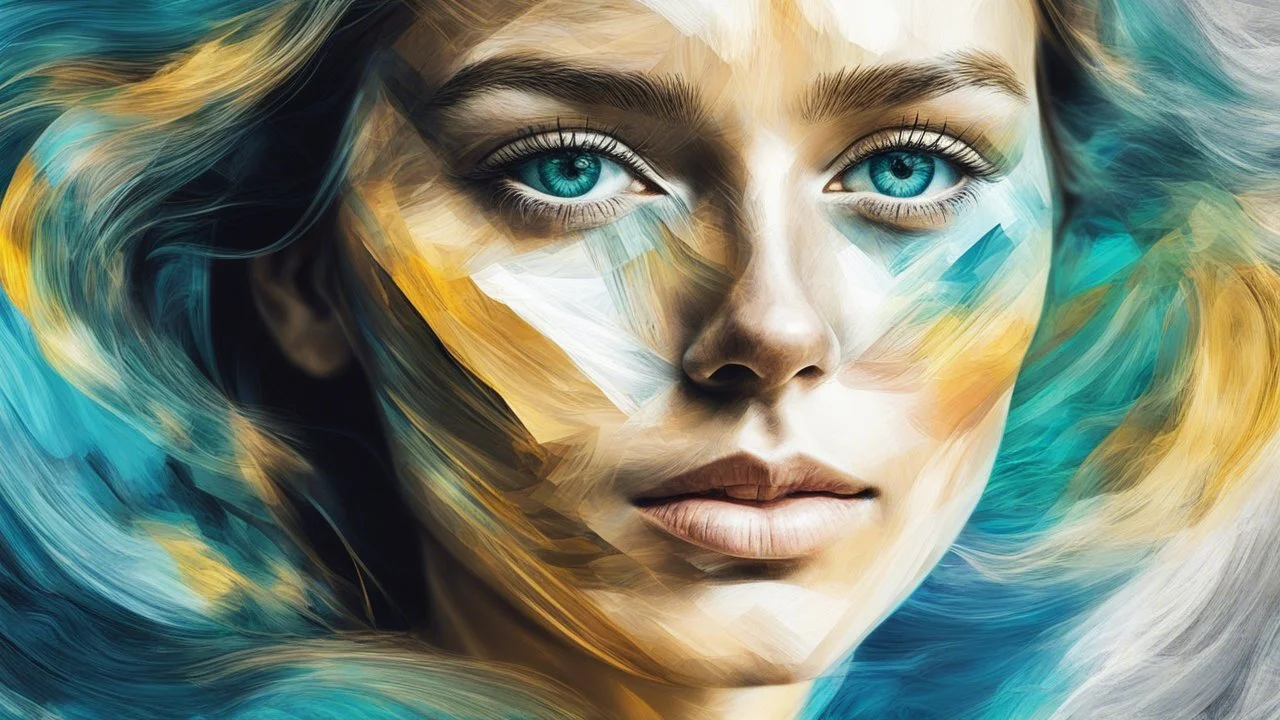 Abstract art, collage, double exposure effect, Van Gogh style. Beautiful female face looking at me, ultra realistic, stylized, highest resolution, best quality, extremely sharp focus, celtic style