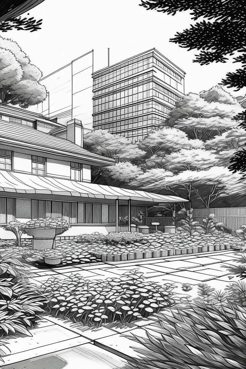 Tokyo garden in Summer abstract pencil black and white STYLE OF HIROKU OGAI