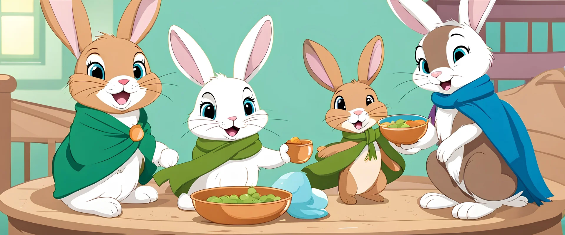 light brown rabbit wearing a green scarf, white rabit wearing purple scarf, dark brown rabit wearing blue scarf, drinking from a bowl, hooping and pooping in the air, blue playpen background, disney cartoon style