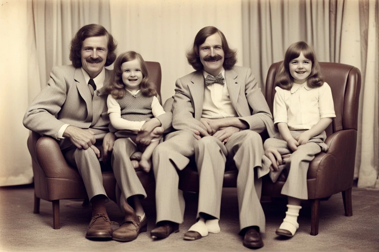 Awkward Family Photo, old and young sitting on chairs, weird smiling, long 1970 hair and mustasch