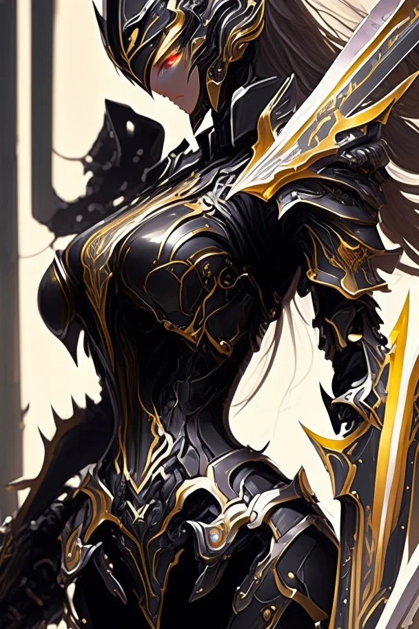 a woman with a sword in her hand, 2. 5 d cgi anime fantasy artwork, ghostblade, black and golden armor, of a beautiful saryn warframe, intricate assasin mecha armor, black armor, sharp black armor, dark warrior, cgsociety 9, anime fantasy artwork, of a beautiful female warframe, detailed warframe fanart