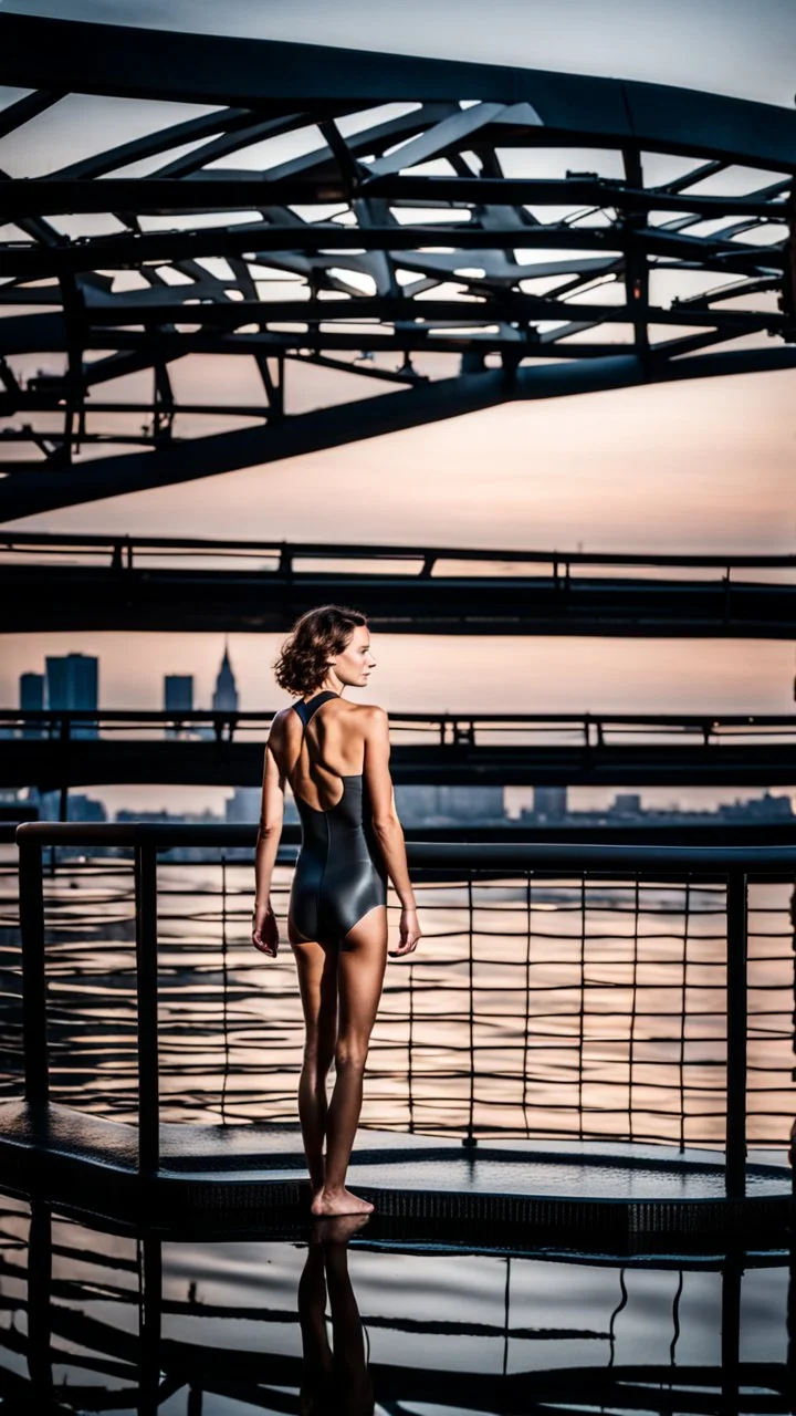 beautiful anorexic young woman, total shot, short shiny anthracite triathlon swimsuit, short brunette wavy bob hair, blurred city background