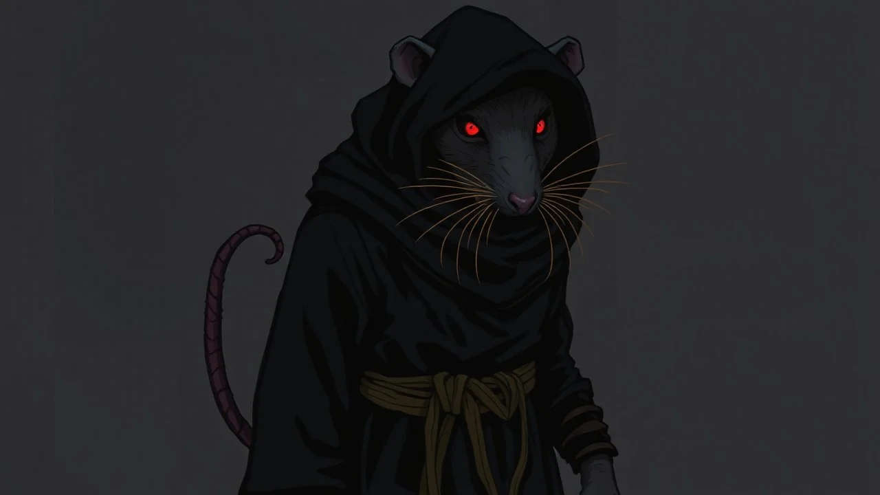 the rat man, ou’re looking at someone who doesn’t just walk into shadows—they belong to them. The black robes cling like a second skin, the belt tied tight with gold thread that catches the light only when he moves. His face is wrapped, but not hidden—his eyes glow like embers, red and steady, as if he’s already seen what waits inside the cave. The tail curls behind him, not in fear, but in readiness. He doesn’t need a torch, because the darkness answers him.