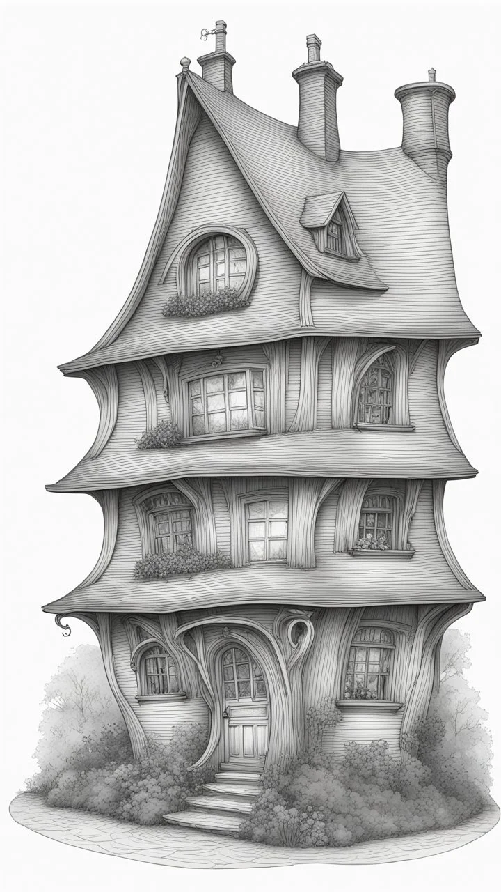 A highly detailed front elevation line drawing of a crooked fantasy house, with a twisted tall chimney, rooms and floors added to the sides and roofs, like Harry Potter's the Burrow.