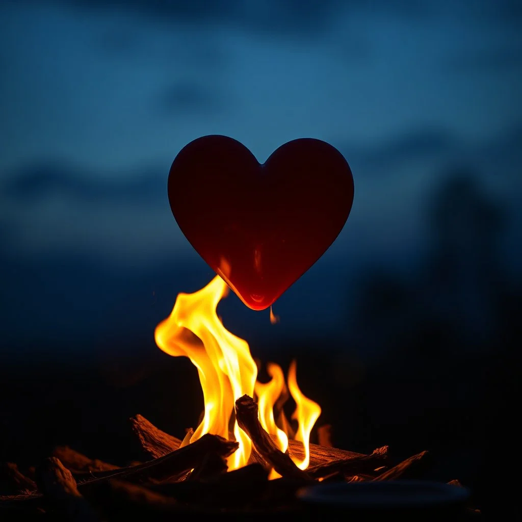 heart on fire, beautiful background, romantic night mood