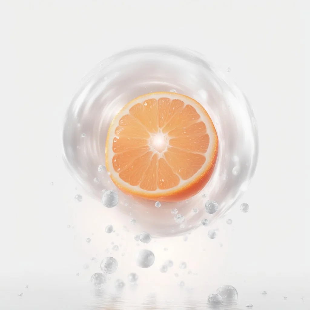 orange in water drops, transparent background