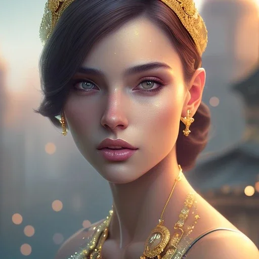 portrait of leonidas as a cute woman, city background ,4k, Highly Detailed, perfect eyes, Digital Illustration, Cinematic Lighting, Realistic, Sharp Focus, Centered, Beautifully Lit, Bioluminescent by Stanley Artgerm Lau