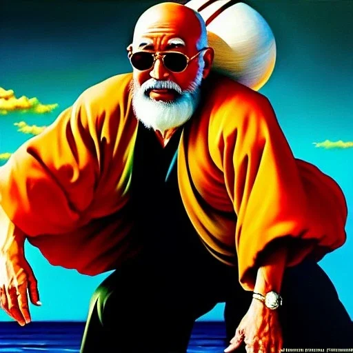 Drawing of 'Master Roshi' ,painting by Earl Norem, simon Bisley,frazetta,Howard,西嘛哒, evan lee, Vallejo,kelly oil on canvas, cinematic composition, extreme detail,fit full body inside picture,8k,perfect anatomy,