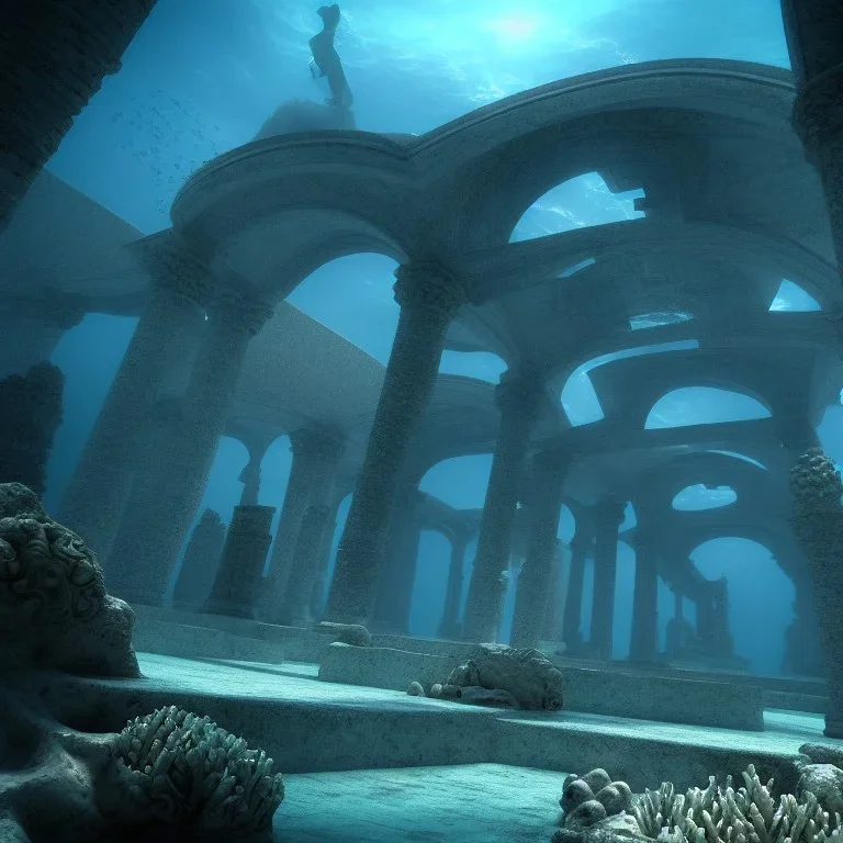 lost underwater city, Poseidon, highly detailed, cinematic, ultra photorealistic, ultra realistic, volumetric lighting, sun shafts, spectral, 4k, 8k, fish swimming around, murky