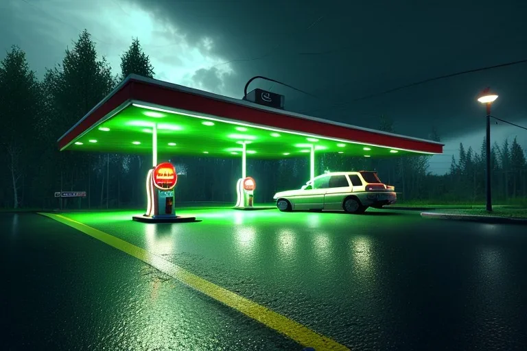 old gas station on the side of the road,night lighting,rainy, realistic, unity engine, cinematic lighting,green emession, octane render.