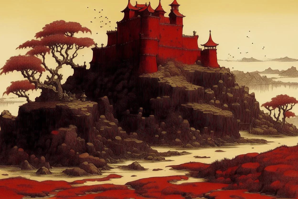 A dark red castle in a wasteland covered in mold painted by Katsushika Hokusai