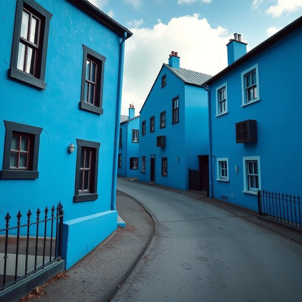 Fotografia di strada assurda e falsa orripilante blu weirdcore dai colori vivaci. Noe. Non luogo falso, inusuale. Max Ernst. Le case sono false e dipinte di nero chiaro con cose stilizzate e dettagli. Ci sono finestrelle false quadrate, che danno un senso distopico e molto surreale, disposte in modo casuale. L'atmosfera generale sembra noiosa e onirica, con un contrasto tra elementi reali ed elementi dipinti falsi, René Magritte, oddest things