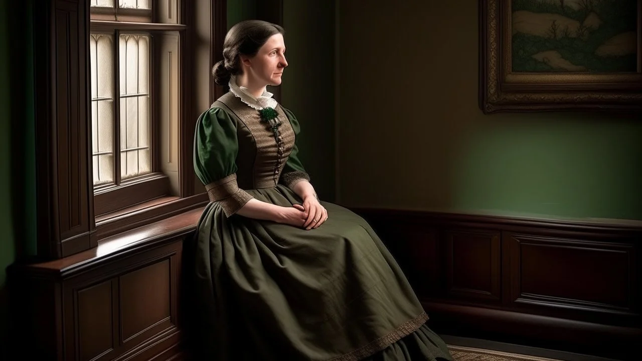 A woman, middle-aged, likely 40s, with a light complexion and dark brown hair, sits by a window in a cozy room. She wears a dark brown, likely dark-green, full-length, period dress with a high-necked collar, resembling a late 19th or early 20th-century style. She is engrossed in a book held in her hands, her posture relaxed and contemplative. Soft natural light from the window illuminates the room and highlights her gentle demeanor. The room is a quaint, homey space with neutral beige wall