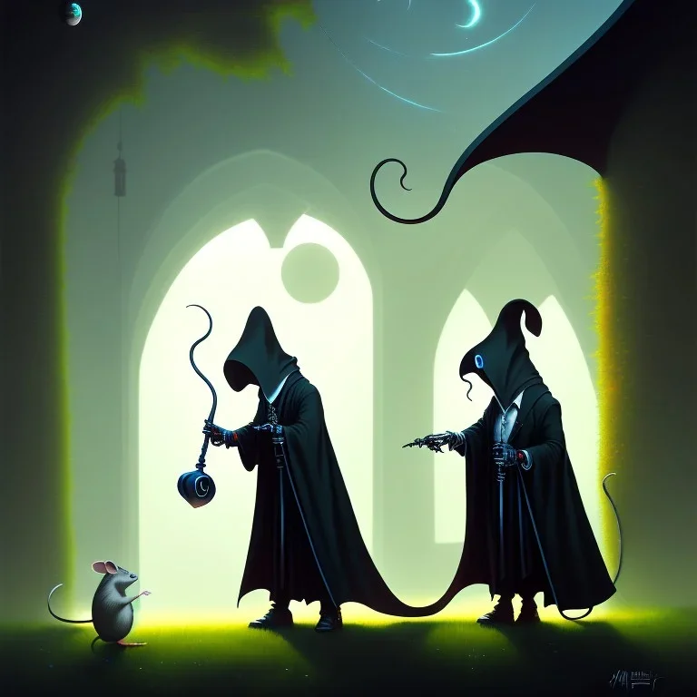 The Grim Reaper, a plague doctor and a mouse, considering the future of the universe, art by RHADS trending on artstation