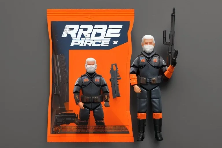 packaging label Mike pence g.i. joe toy With a gun space force uniform action figure, fluorescent orange, pricetag, snowcat vehicle