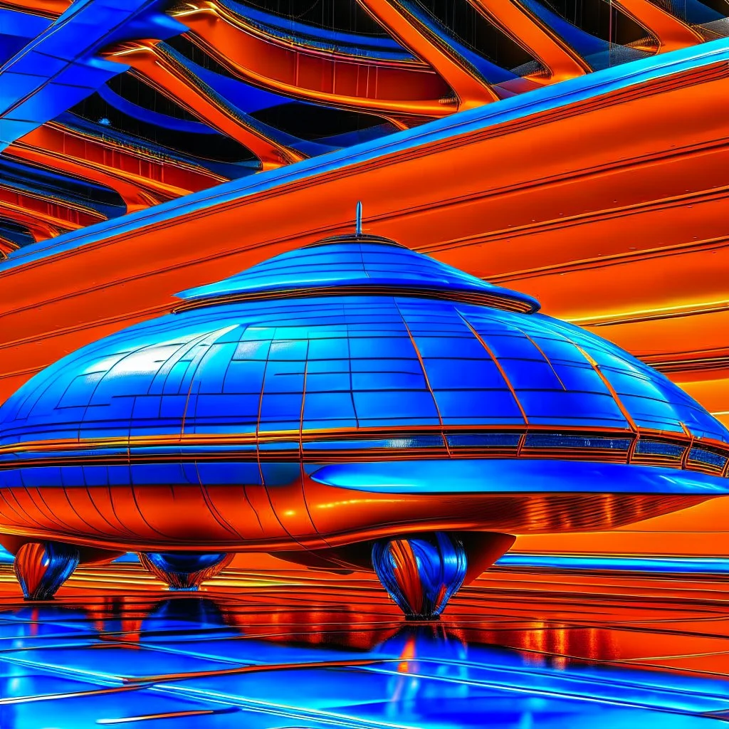 award winning car and driver photograph of a futuristic UFO station wagon designed by an unknown alien civilization, only one vehicle per image painted metallic orange traveling at a high rate of speed,the rear with bright blue flame, bilaterally symetrical