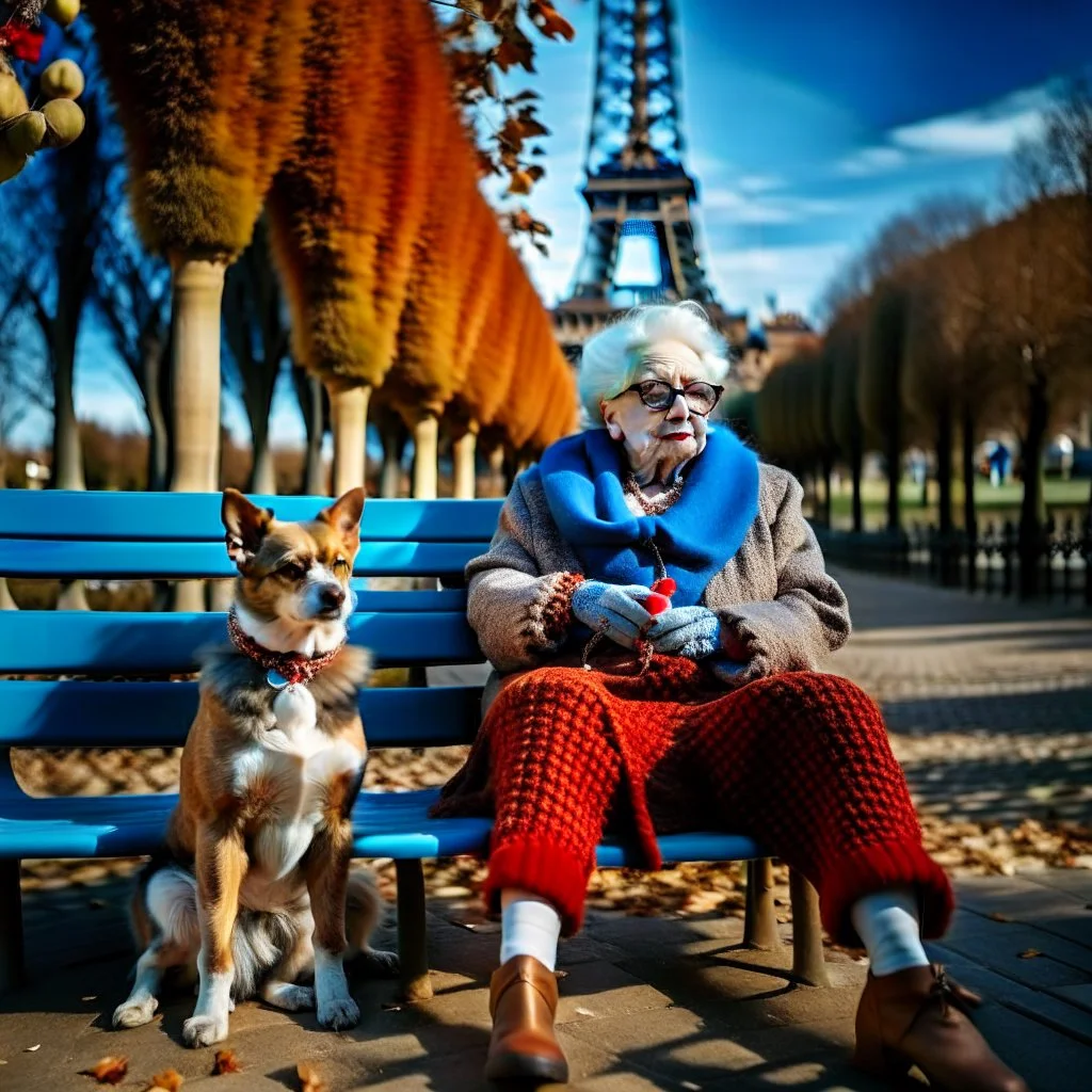 An elderly woman is knitting on a park bench, accompanied by her furry companion - a calm husky dog ​​resting next to her. In the background is the Eiffel Tower. The woman's lively personality shines through her whimsical outfit - a light blue sweater, striped tights and large round glasses perched on her nose. Her spiky red hair adds a touch of glamor to the scene. The sweet dog, with a shaggy yellow coat, lies peacefully with his head resting on the knitted fabric, providing a faithful compani