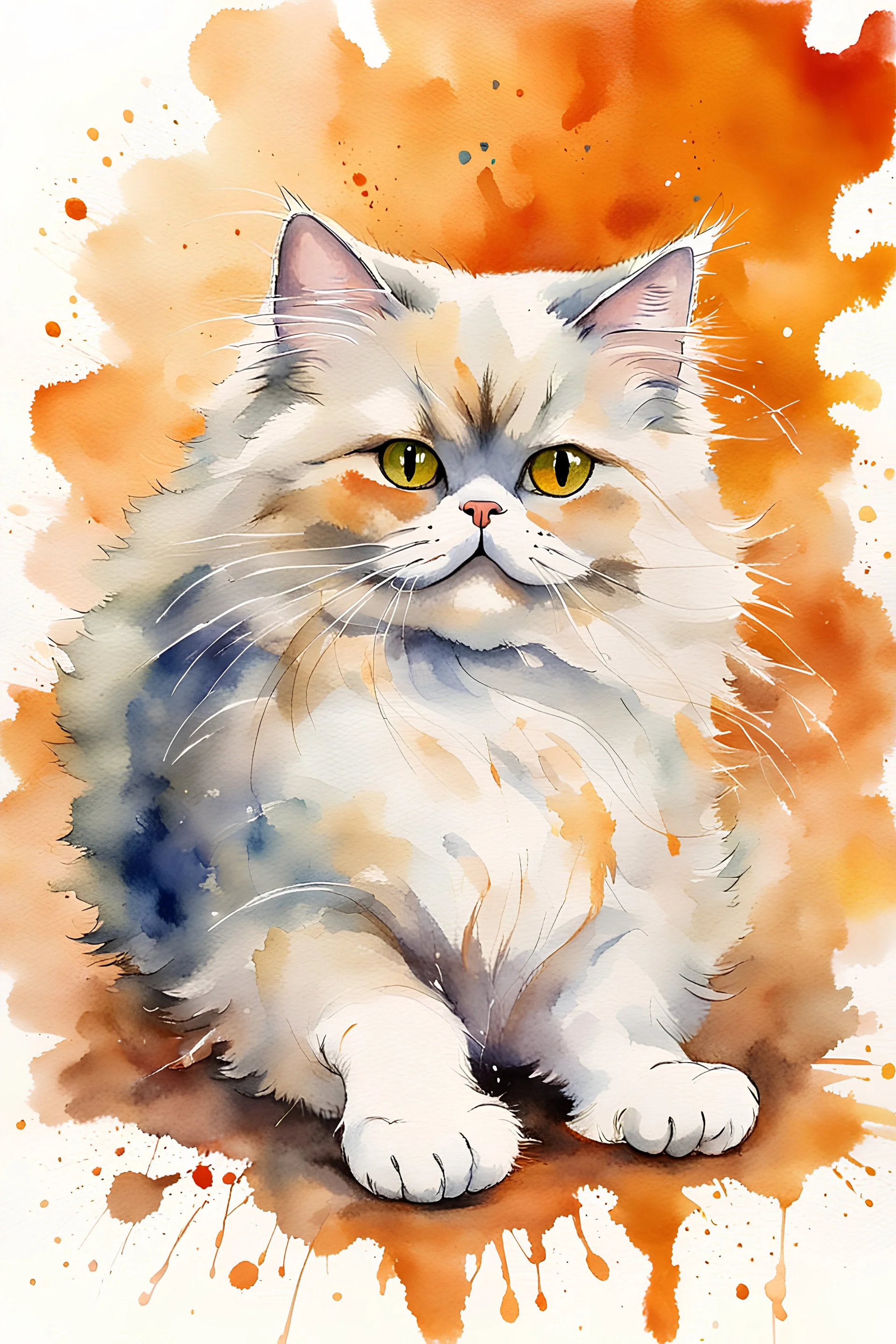 painting of a persian cat rolling around on its back, the cat is in the centre of the picture taking up only one third of the image, in watercolour, in the background an orange wall, splatter, art, aquarell, pastell, ink, soft, lots of white negative space around the outside of the picture, white outlines, full shot