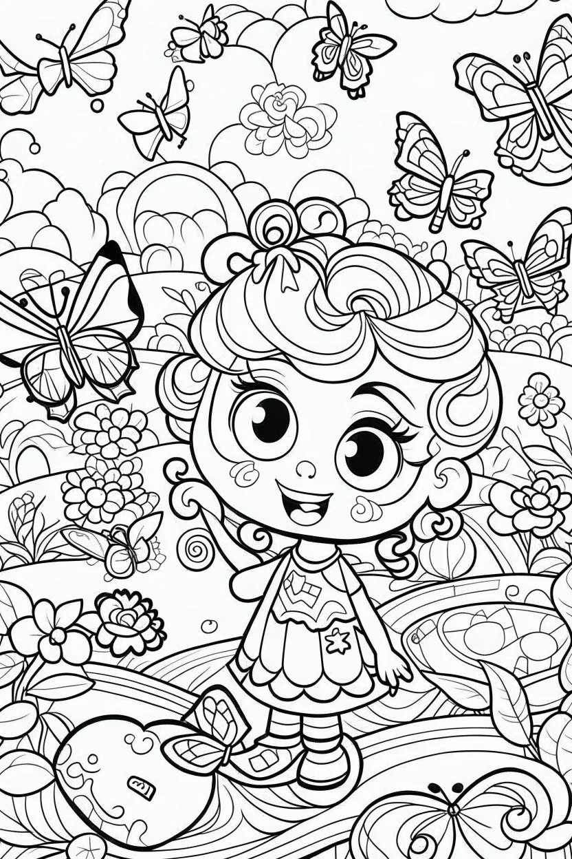 coloring pages for kids, Texto " Lisbeth Del Valle " en alta definición, caracterizado al estilo de Cute hello kitty, halloween y flores, ilustración, mariposas,renderizado 3d, vibrante, 3d render, typography, cartoon style, thick lines, low detail, black and white, no shading, --ar 85:110