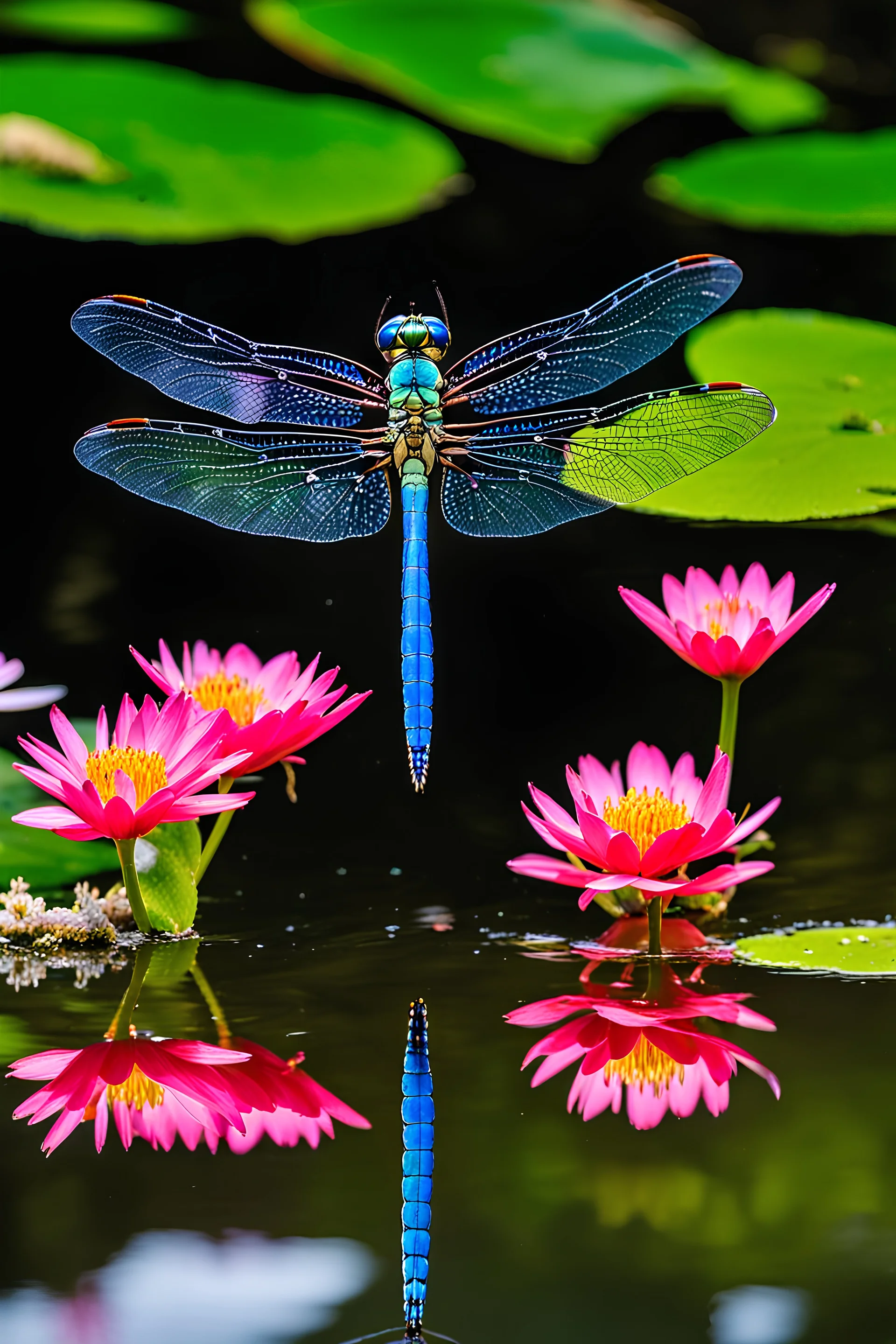 A dazzling dragonfly, its wings shimmering with an array of vibrant colors, gracefully hovers above a calm and serene pond fringed by an assortment of vivid and blooming flowers. This splendid image, perhaps a painted masterpiece or a breathtaking photograph, showcases the elegant beauty of the dragonfly, capturing every minute detail in exquisite clarity. The iridescence of its wings, reflecting hues of blues, greens, and purples, adds an enchanting allure to the scene