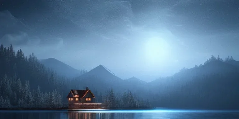 small house, windows, heavy snow, mountain, big blue lake water, night