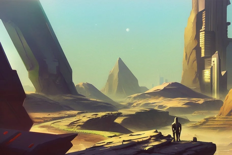 Sunny day, people near the, rocks seeing a distant modern city, sci-fi