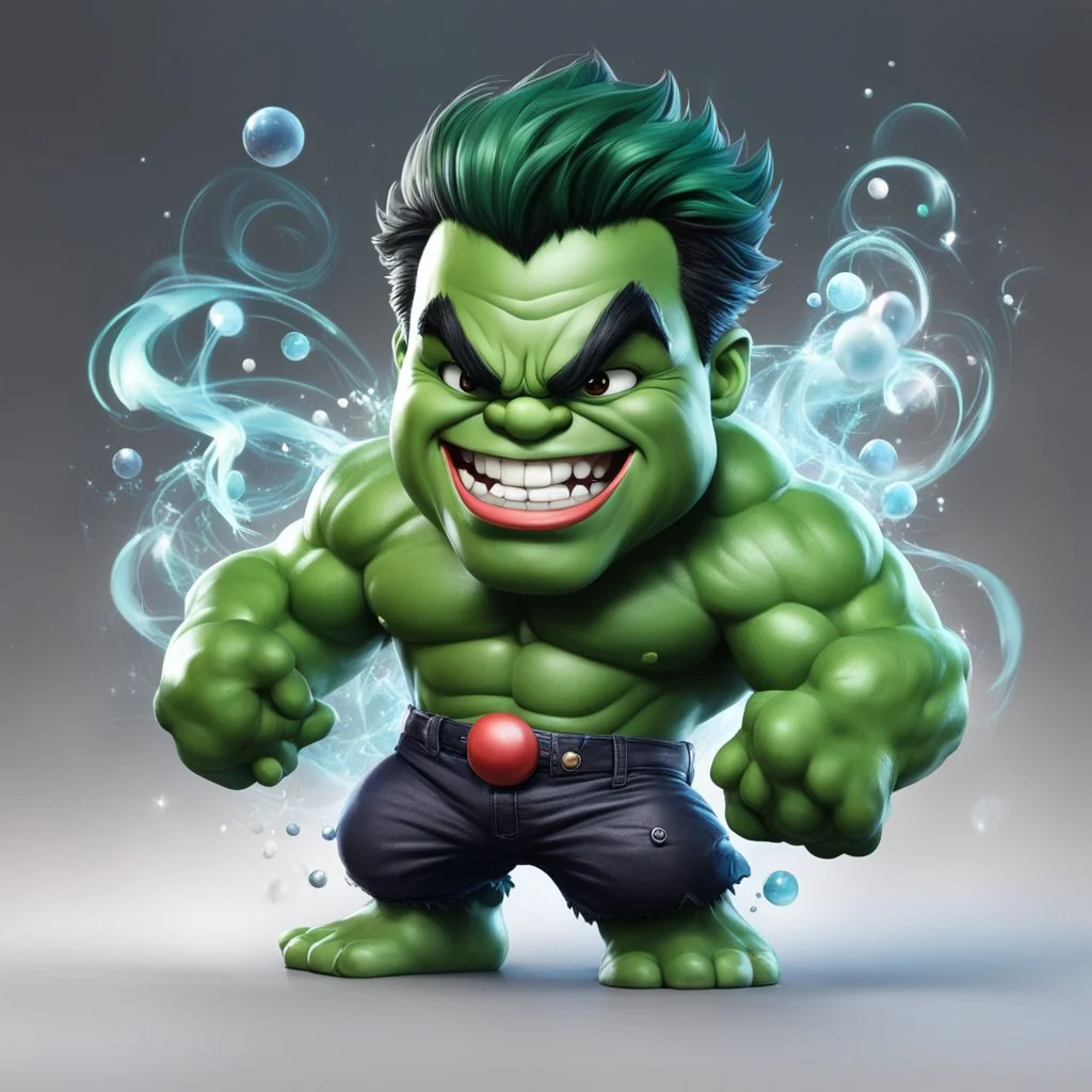 chibi cute caricature of Hulk as a 2000's clown, surrounded by will-o'-the-wisp, elegant, close wiew, dynamic pose, photorealistic rendering --ar 2:3 --stylize 500 --v 6