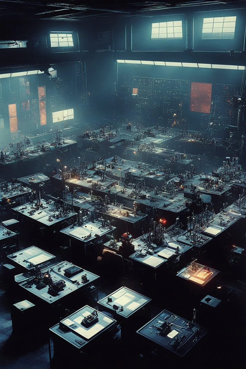 [Blade Runner (1982) style, view from above] a robot teacher in a classroom with a lot of different student robots. The main robot distribute work amongst smaller robots and computers in the factory. there is electricity in the air, the main robot coordinates other robots