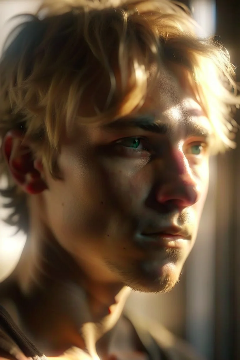 A macro portrait of an athletic teen boy with honey brown eyes, messy golden blond hair, cute, innocent and thoughtful, looking out a window, a hint of facial hair, no shirt, shirtless, inside an empty room with warm sunlight streaming in, detailed, high definition, 4K, 8K, quality render, photo realistic