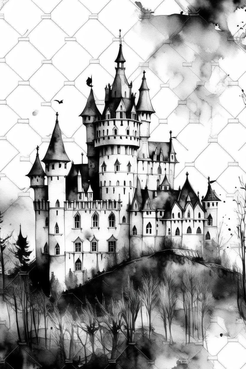 Watercolor black and white castle