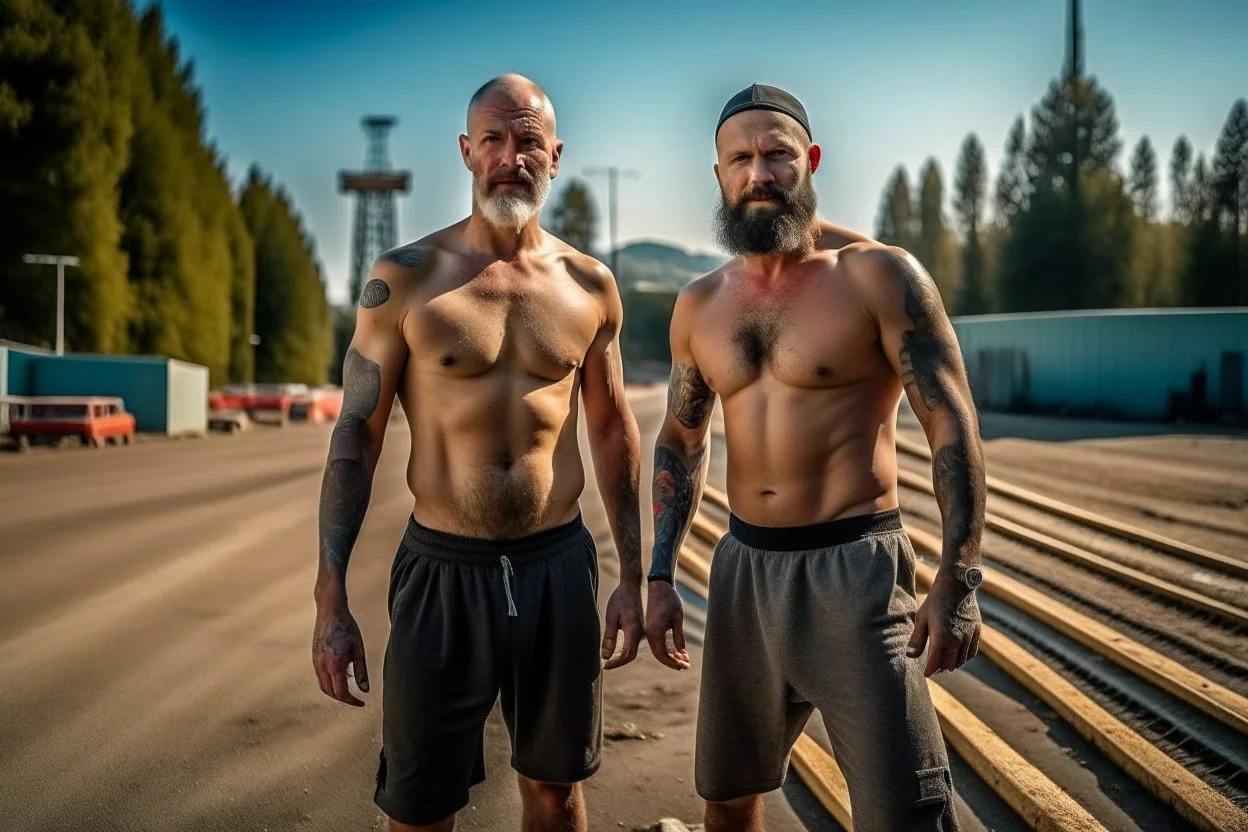 full figure shot photography of two ugly burly beefy hairy polish workers 34 years old, shirtless , tattoo ,short hair, short beard , bulge, short pants, working on a construction site in the middle of a road under the sun, look at the camera, hyper-realistic, photographic, 8K