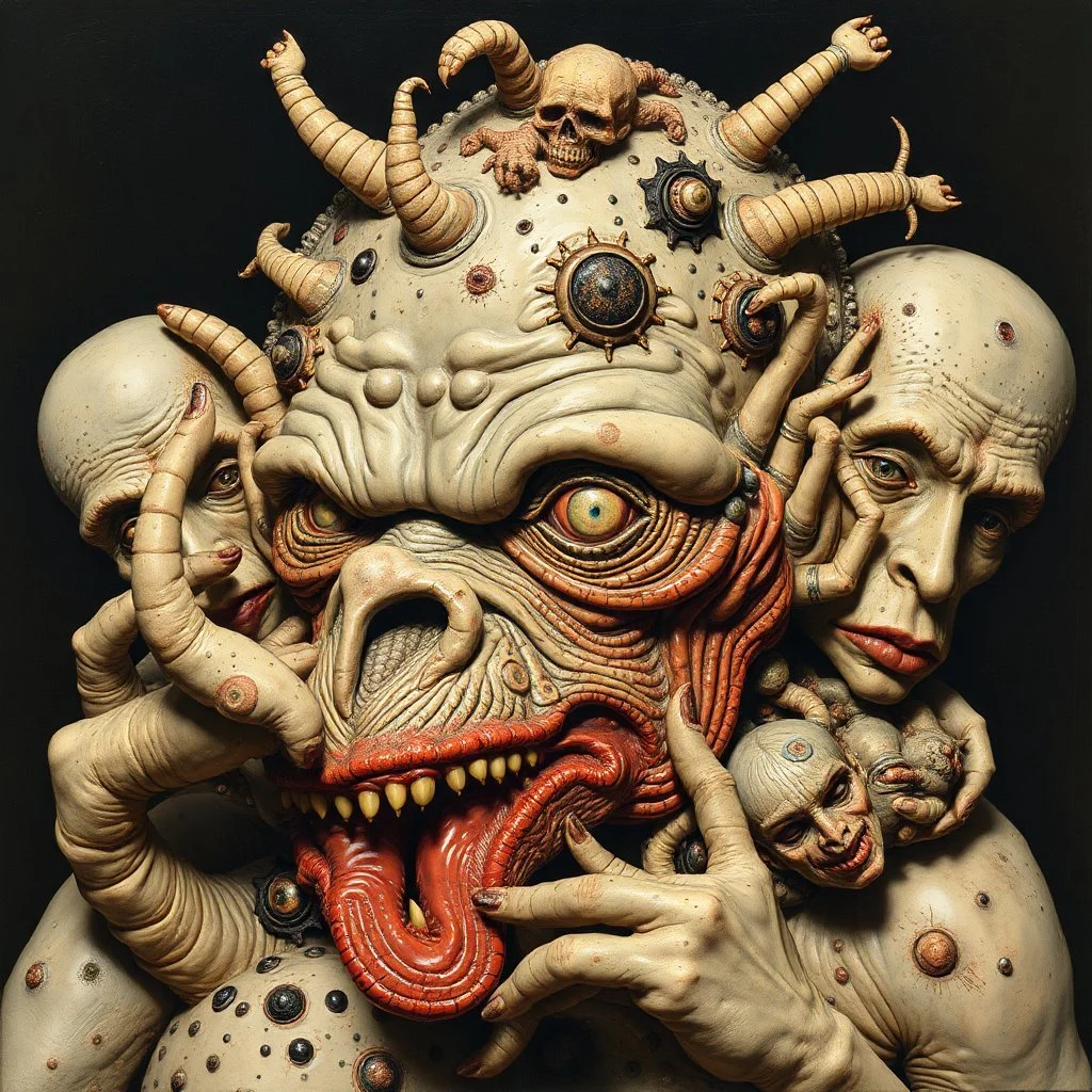 The oddest coagulation and mixture of beings, glossy finish, details very accentuated, stunning style, oniric, George Grosz, Max Ernst, hypermaximalist, disturbing, blatant, gross, funny
