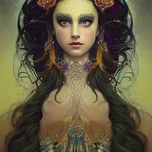 portrait,"Insanely detailed photograph of a beautiful Queen of the light Goddess,gorgeous clean face, highly intricate dress,intricately designed colorful stainedglass decorations in hair,ominous,elegant, highly detailed hair, digital painting, artstation, concept art, smooth, sharp focus, illustration, art by artgerm and greg rutkowski, alphonse mucha,Dan witz, 8 k,looking downward,album cover art,fantasy