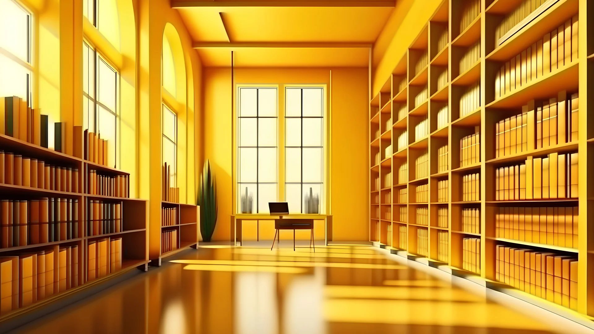 Modern yellow library interior with sunlight. Decor and desing concept. 3D Rendering